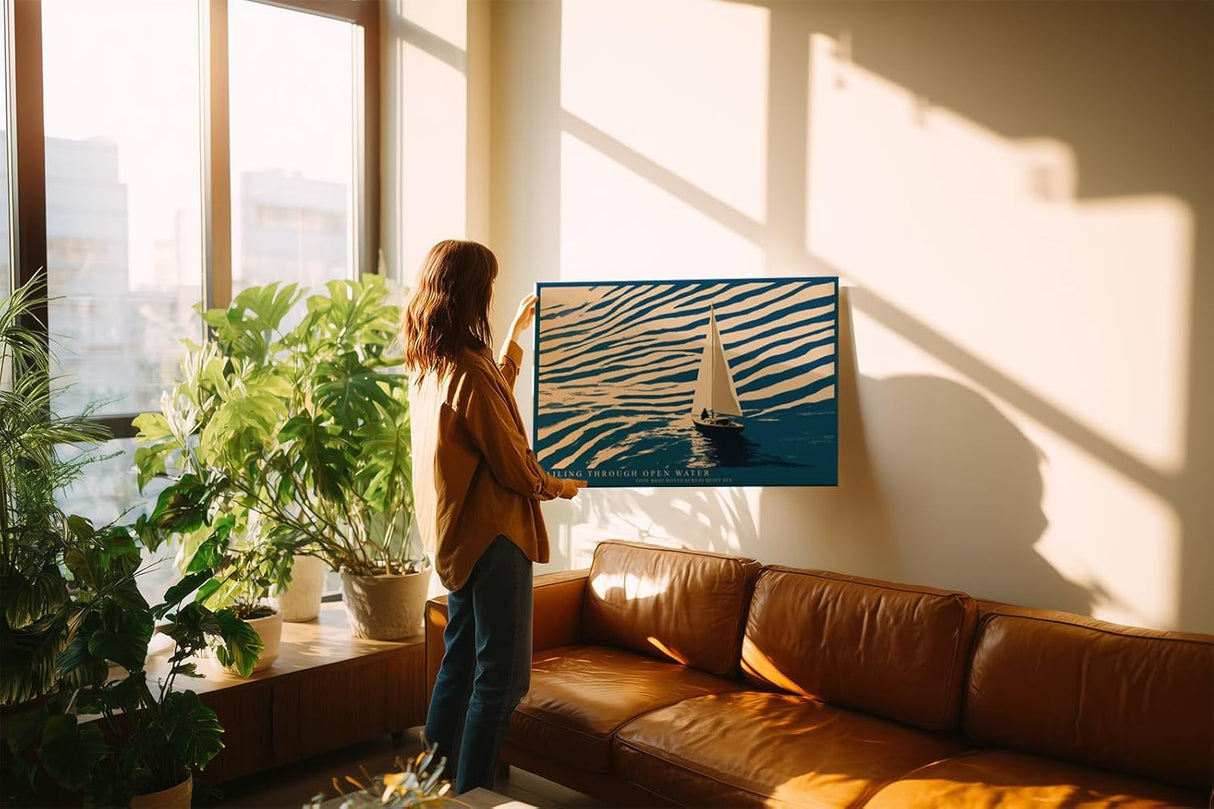 Paul Sinus Wandbild 120x80cm Segelboot Illustration modernes Meer Motiv blau beige minimalistische Ozean Kunst Segelyacht Bild stilvolle