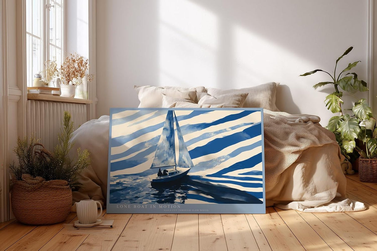 Paul Sinus Wandbild 120x80cm Segelboot Meer minimalistische maritime Illustration blau weiß moderne Seefahrt Kunst stilvolle