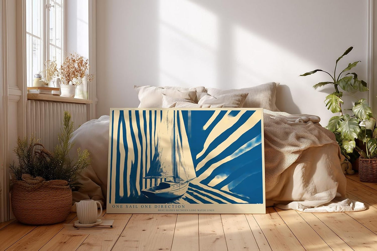 Paul Sinus Wandbild 120x80cm Segelboot moderne Illustration blau beige grafisches Meer Motiv minimalistisches Segelyacht Kunstbild stilvolle