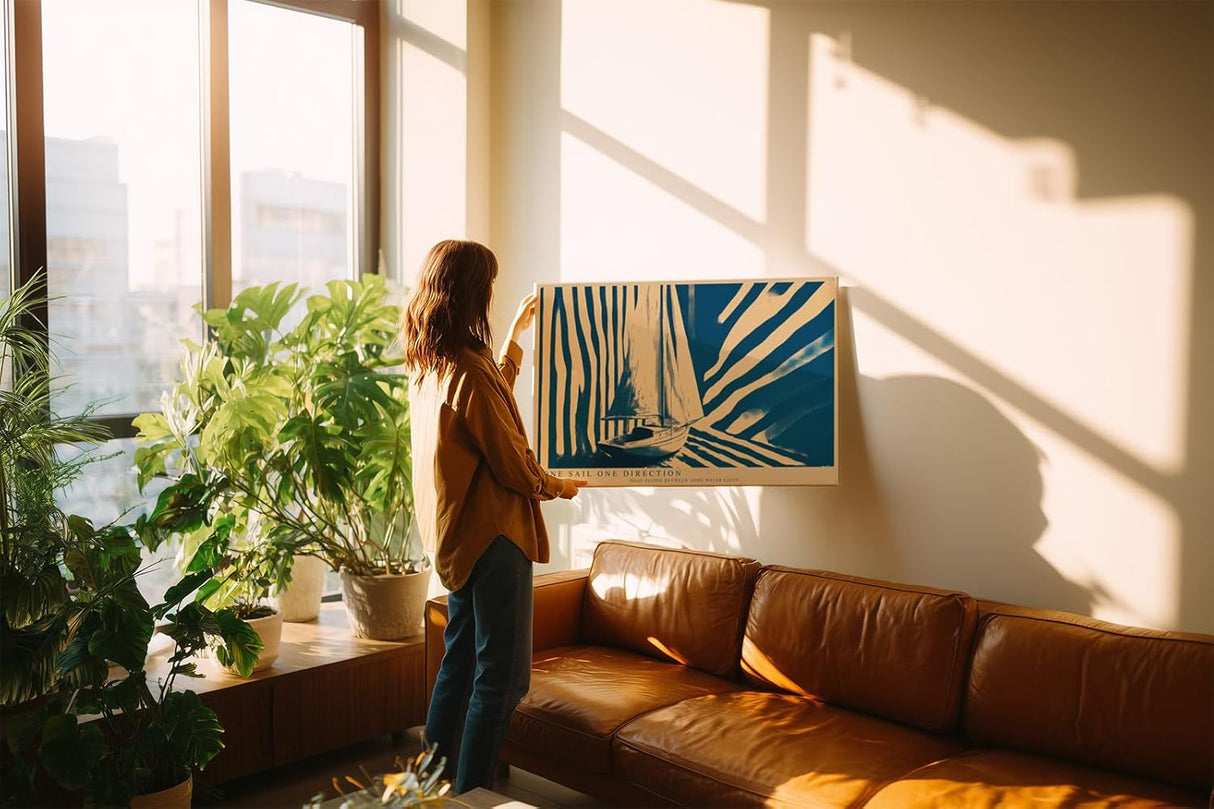 Paul Sinus Wandbild 120x80cm Segelboot moderne Illustration blau beige grafisches Meer Motiv minimalistisches Segelyacht Kunstbild stilvolle