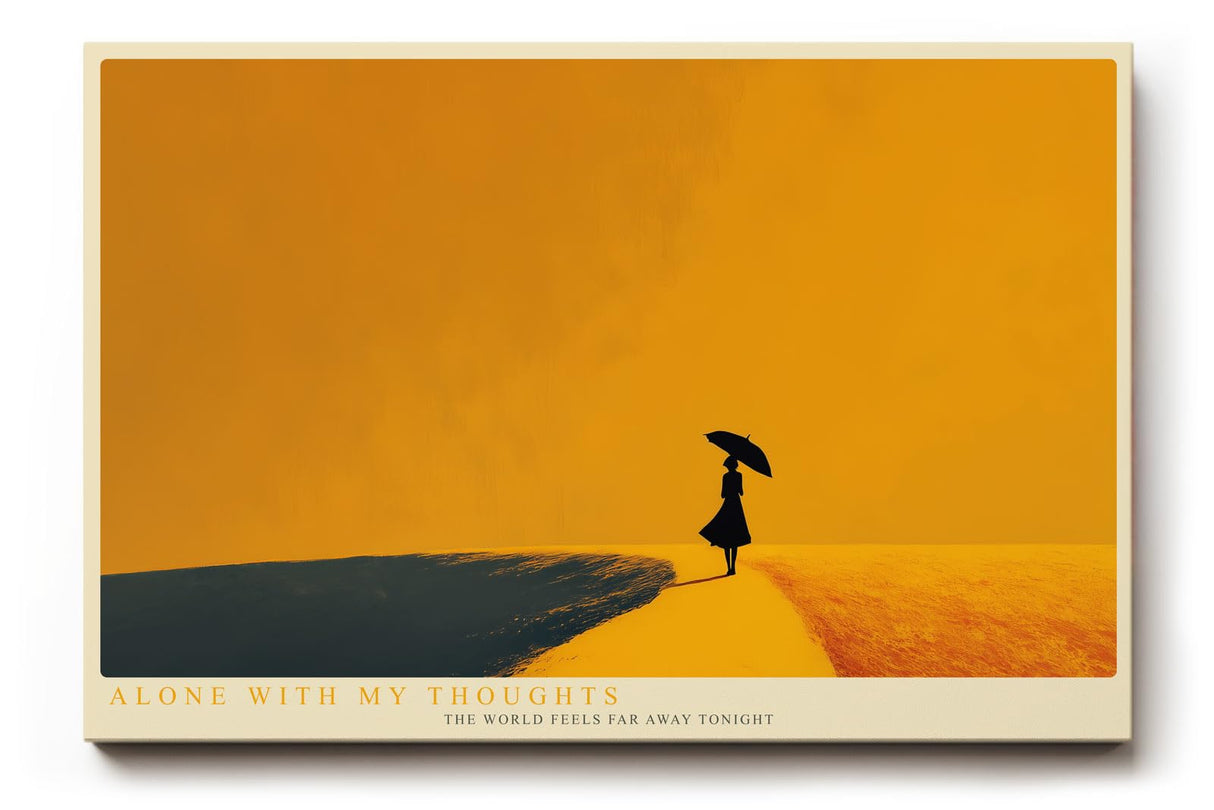 Paul Sinus Wandbild 120x80cm Silhouette Frau mit Regenschirm minimalistische Landschaft goldene Atmosphäre ruhige Kunst moderne