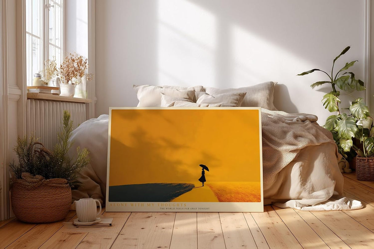 Paul Sinus Wandbild 120x80cm Silhouette Frau mit Regenschirm minimalistische Landschaft goldene Atmosphäre ruhige Kunst moderne