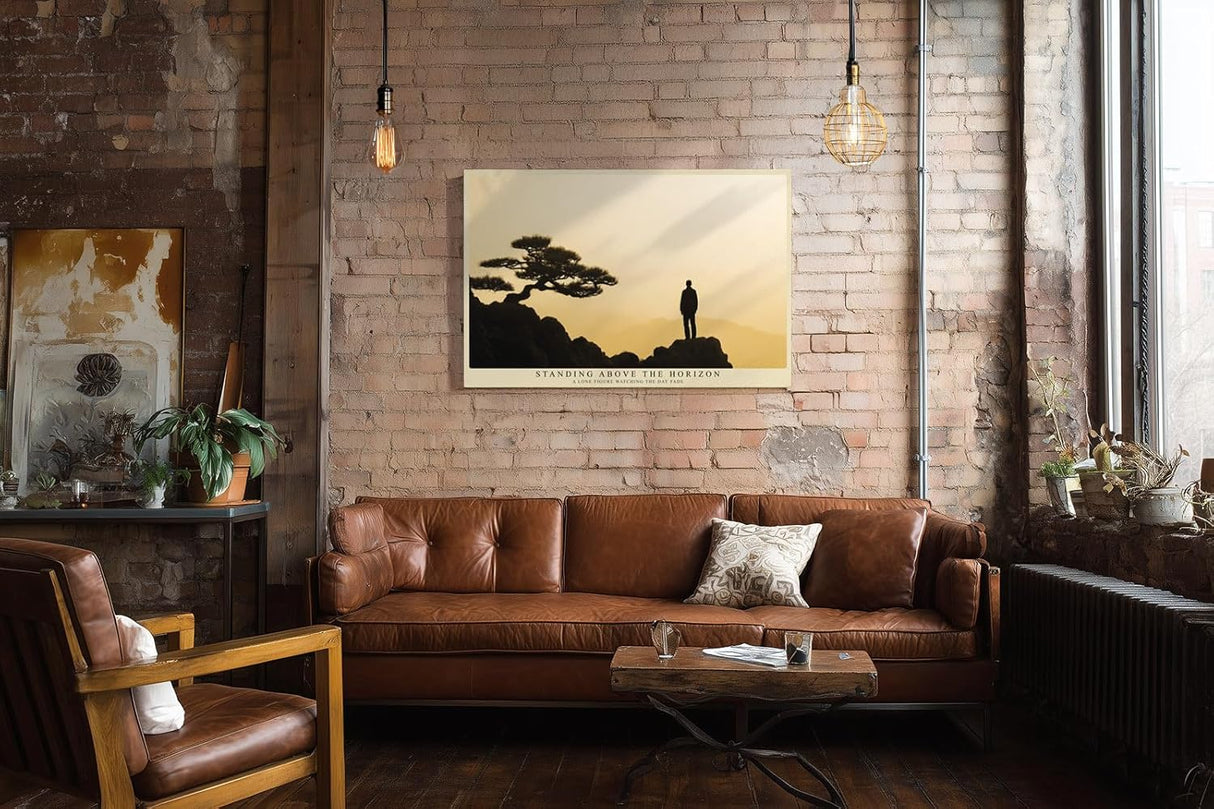 Paul Sinus Wandbild 120x80cm Silhouette Mensch auf Berg bei Sonnenuntergang ruhige Landschaft Kunst in warmen Goldtönen modernes Naturbild für Wohnzimmer Büro
