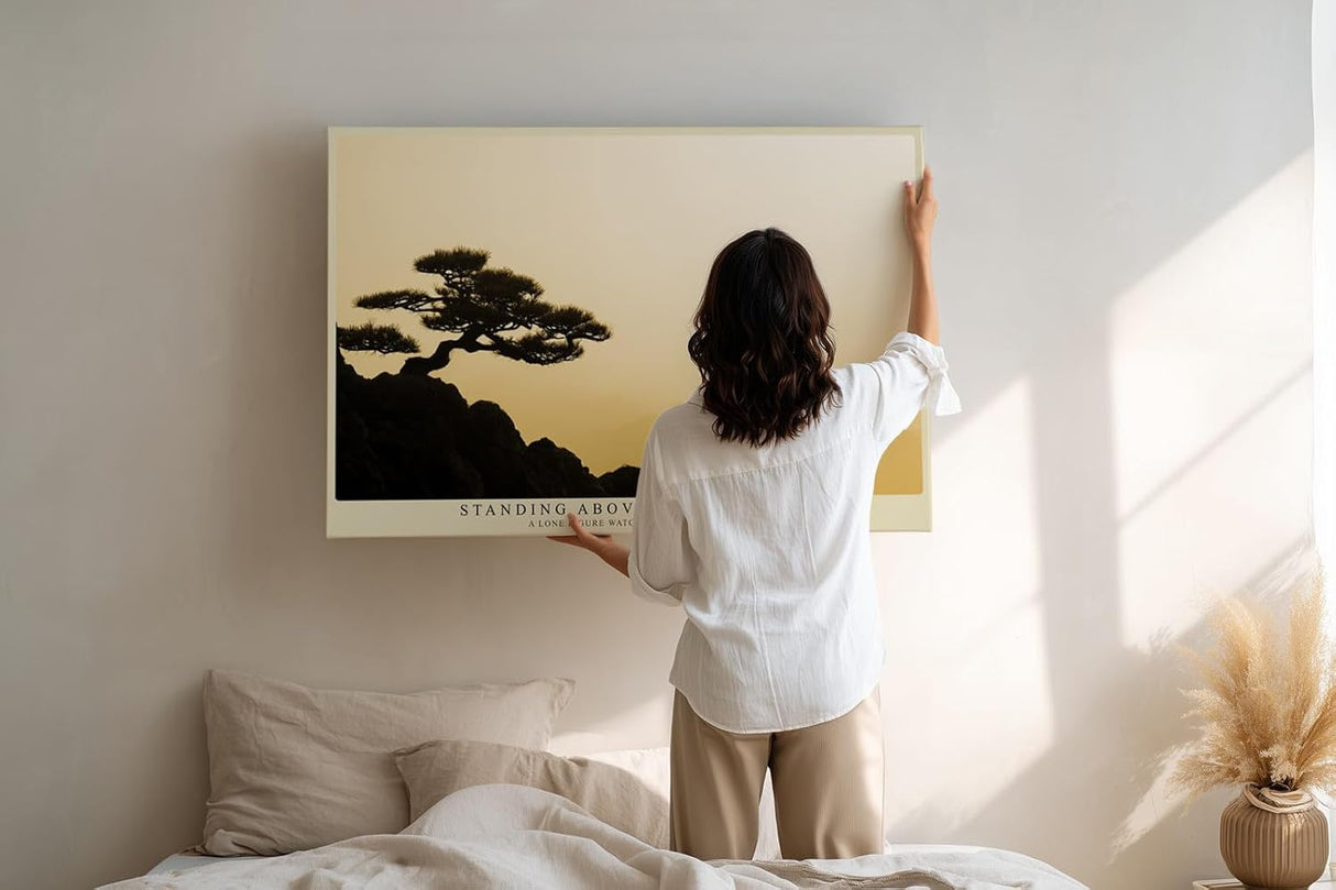 Paul Sinus Wandbild 120x80cm Silhouette Mensch auf Berg bei Sonnenuntergang ruhige Landschaft Kunst in warmen Goldtönen modernes Naturbild für Wohnzimmer Büro