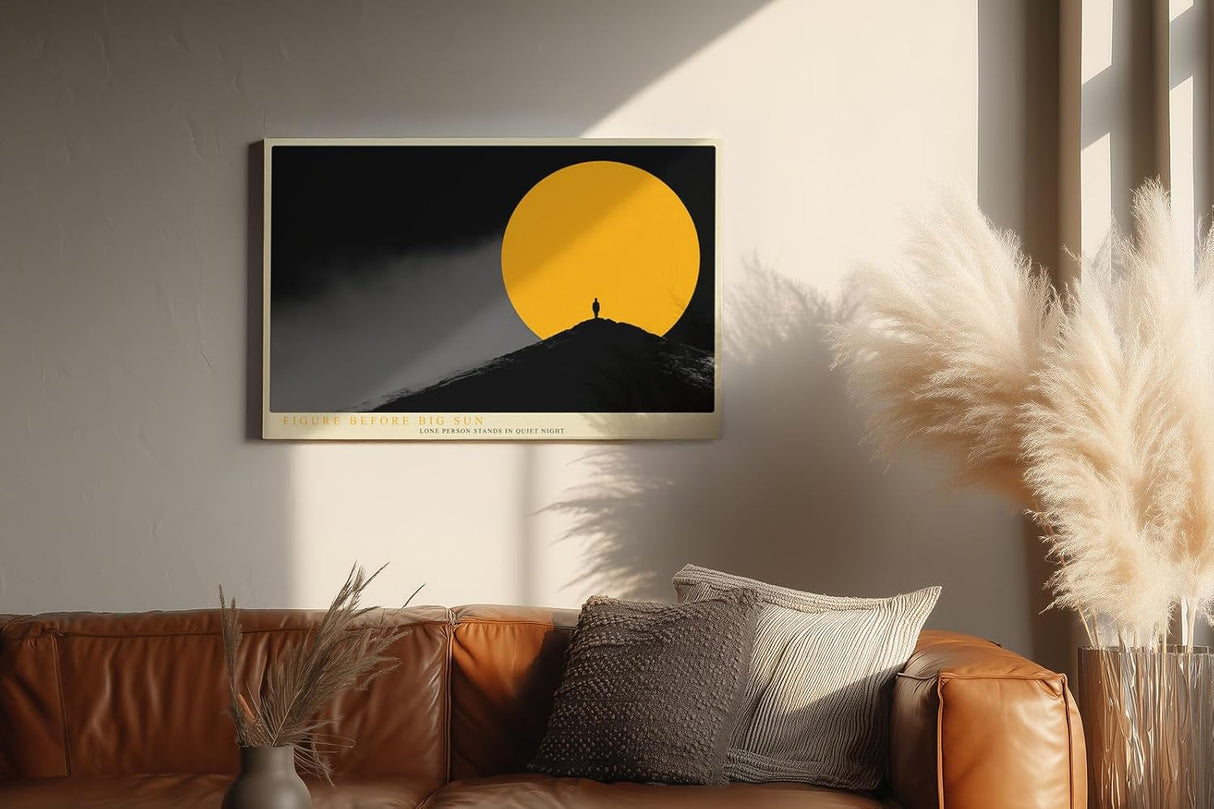 Paul Sinus Wandbild 120x80cm Silhouette Person vor Sonne minimalistische Landschaft moderne Kunst gelber Kreis Kunstdruck stilvolle Wanddekoration fuer Wohnzimmer Büro