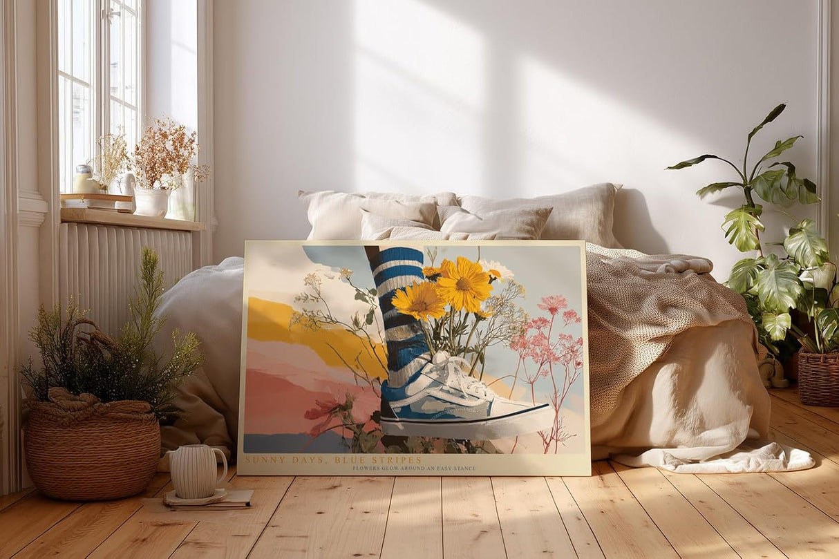 Paul Sinus Wandbild 120x80cm Sneaker im Blumenfeld Moderne Sommer Illustration Lifestyle Kunst für Wohnzimmer Schlafzimmer Jugendzimmer