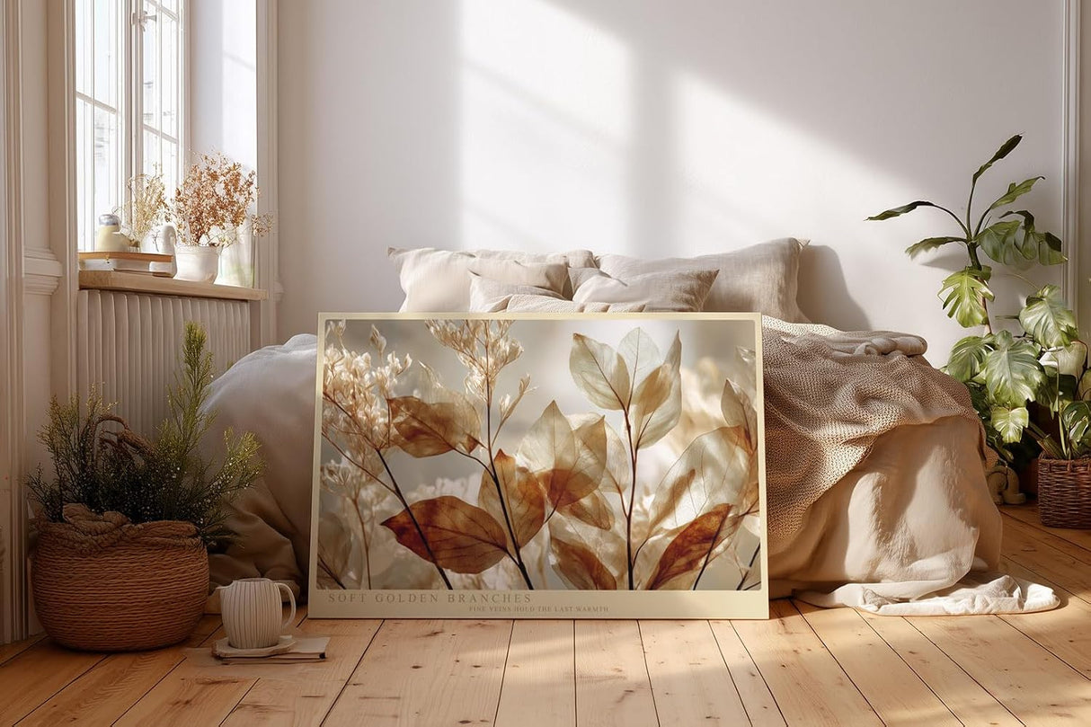 Paul Sinus Wandbild 120x80cm Soft Golden Branches botanische Blätter im warmen Licht Natur Fotokunst Poster für Wohnzimmer Schlafzimmer Büro