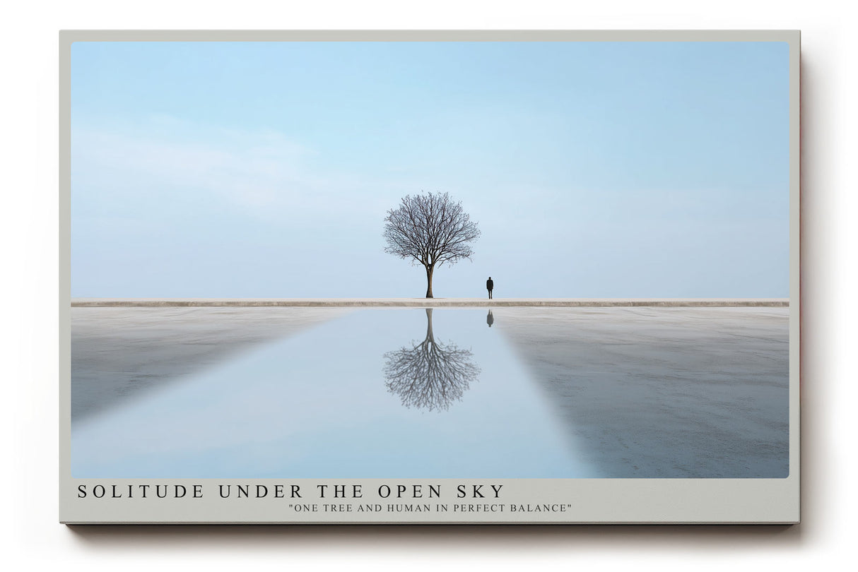 Paul Sinus Wandbild Solitude Under the Open Sky – Minimalistisches Landschaftsmotiv mit Baum, Spiegelung und einsamer Figur, Symbol für Balance und innere Ruhe