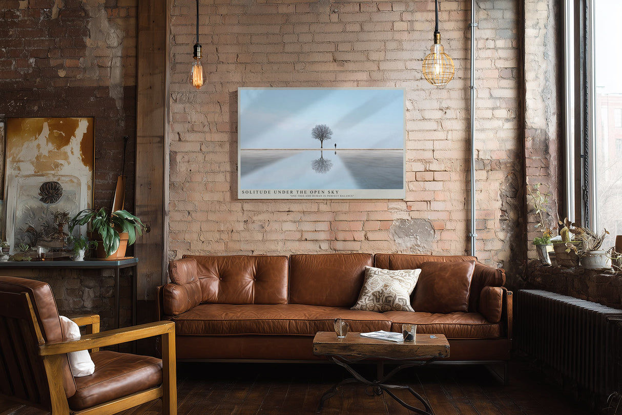 Paul Sinus Wandbild Solitude Under the Open Sky – Minimalistisches Landschaftsmotiv mit Baum, Spiegelung und einsamer Figur, Symbol für Balance und innere Ruhe