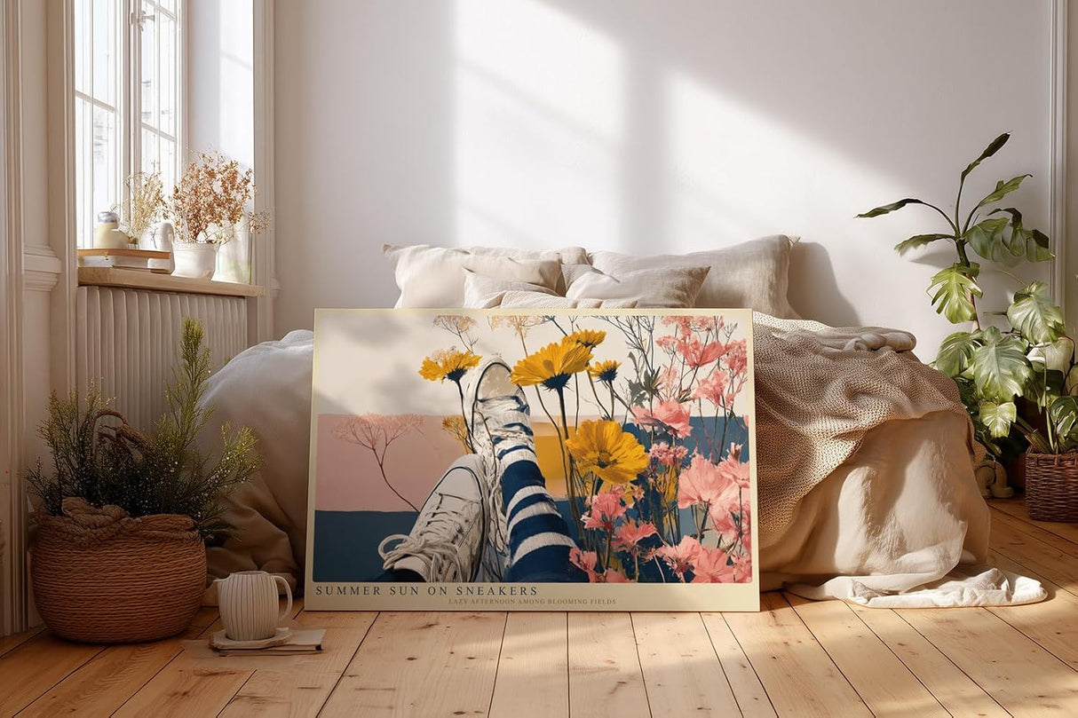 Paul Sinus Wandbild 120x80cm Sommer Blumenfeld mit Sneakers Künstlerische Illustration Moderne Lifestyle Kunst für Wohnzimmer Schlafzimmer