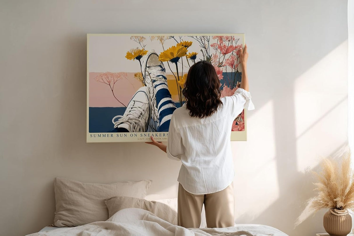 Paul Sinus Wandbild 120x80cm Sommer Blumenfeld mit Sneakers Künstlerische Illustration Moderne Lifestyle Kunst für Wohnzimmer Schlafzimmer