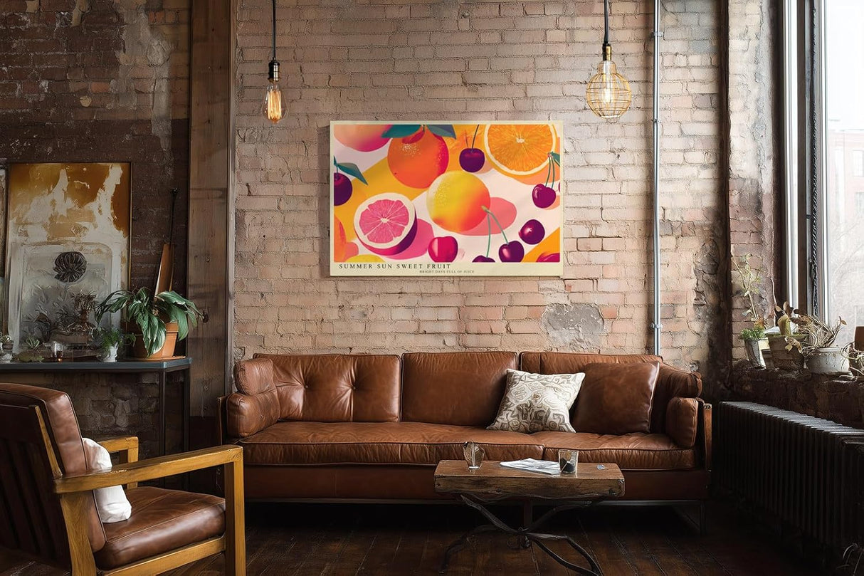 Paul Sinus Wandbild 120x80cm Sommer Früchte Illustration Orange Grapefruit Kirsche farbenfrohe Obst Kunst modernes Küchenbild stilvolle Wanddekoration für Küche Esszimmer Café