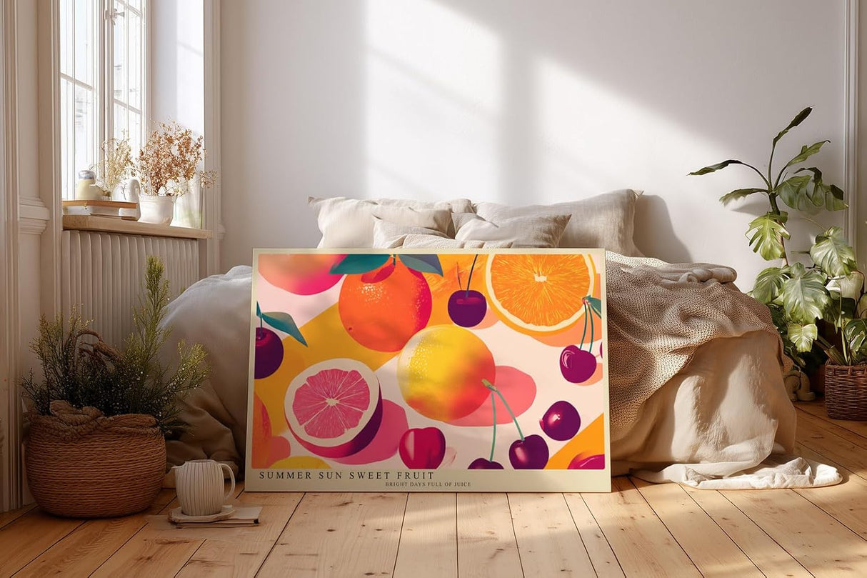 Paul Sinus Wandbild 120x80cm Sommer Früchte Illustration Orange Grapefruit Kirsche farbenfrohe Obst Kunst modernes Küchenbild stilvolle Wanddekoration für Küche Esszimmer Café