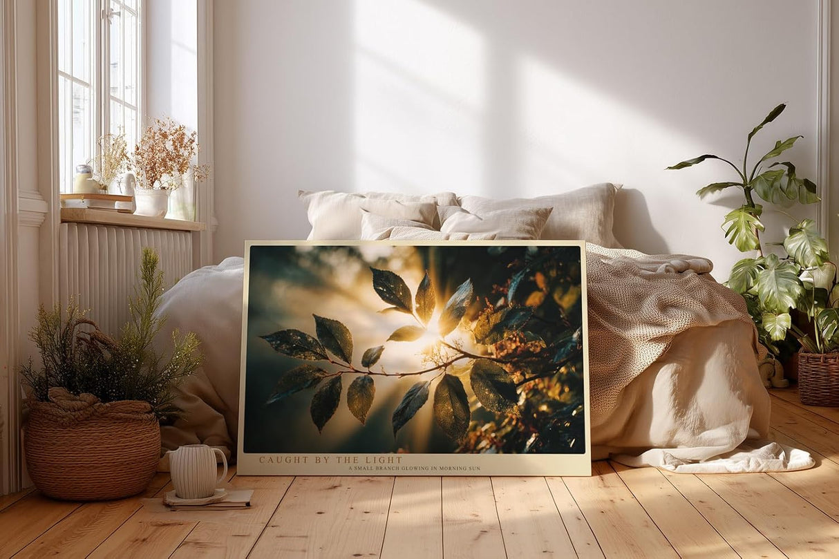 Paul Sinus Wandbild 120x80cm Sonnenlicht durch Blaetter Natur Fotokunst warmes Licht botanisches Motiv gruen gold moderne Wanddekoration fuer Wohnzimmer Büro