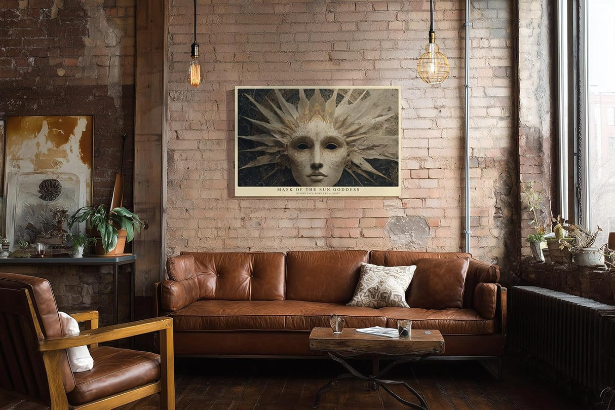 Paul Sinus Wandbild 120x80cm Sonnenmasken Gesicht – Mystische Kunst mit ornamentaler Struktur und heller Eleganz
