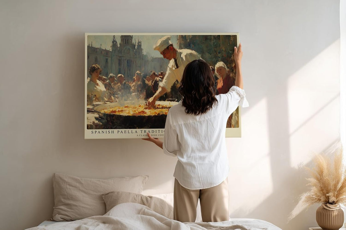 Paul Sinus Wandbild 120x80cm Spanische Paella Tradition auf dem Platz – Mediterrane Kochszene mit lebendiger Atmosphäre