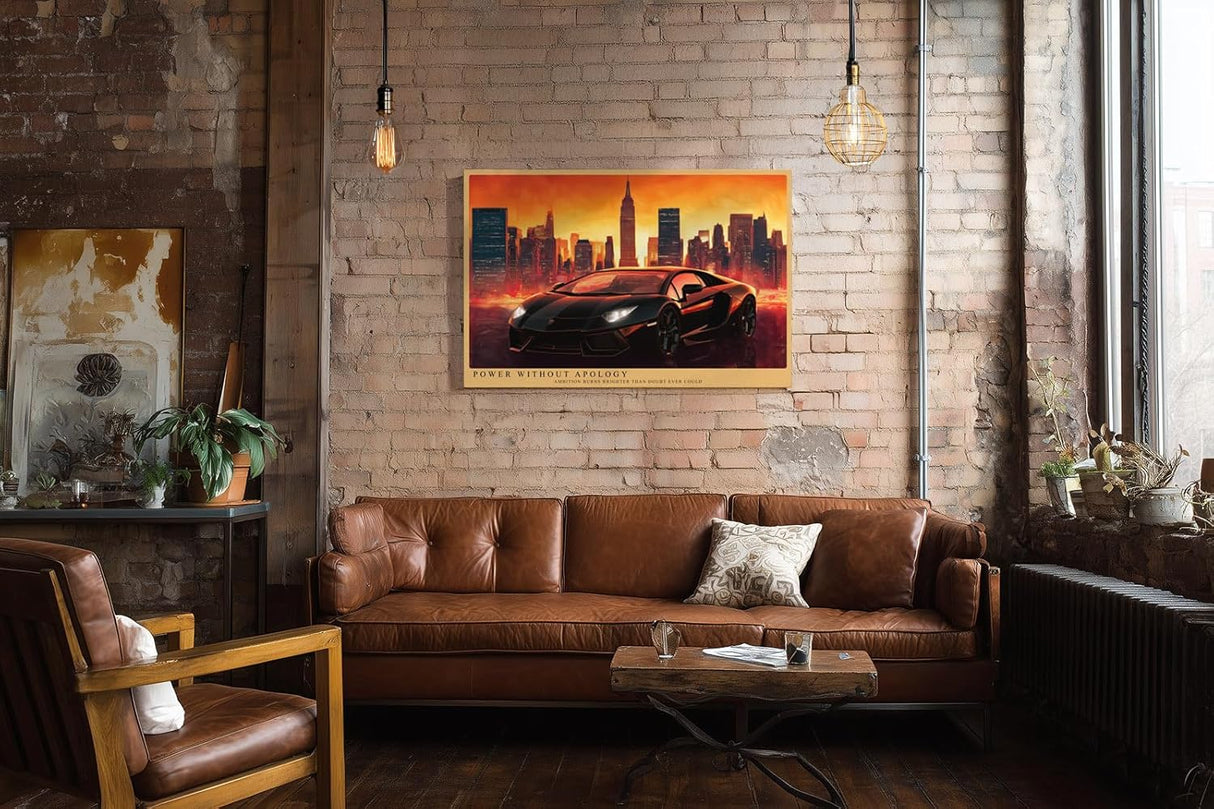 Paul Sinus Wandbild 120x80cm Sportwagen vor Skyline moderne Auto Kunst roter Himmel Stadtlandschaft stilvolle Wanddekoration fuer Wohnzimmer Büro