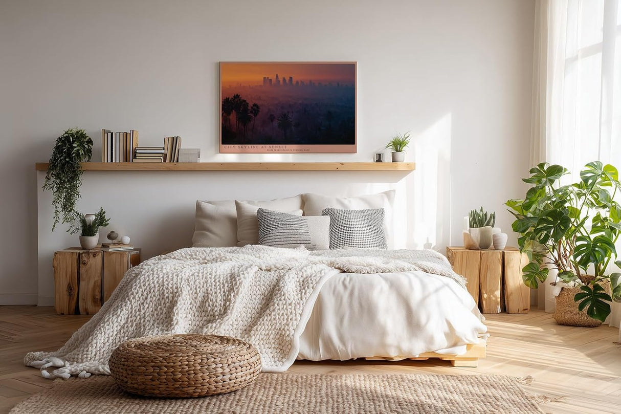Paul Sinus Wandbild 120x80cm Stadt Skyline Sonnenuntergang moderne Landschaftsfotografie warme Abendfarben Kunstdruck stilvolle Wanddekoration fuer Wohnzimmer Büro