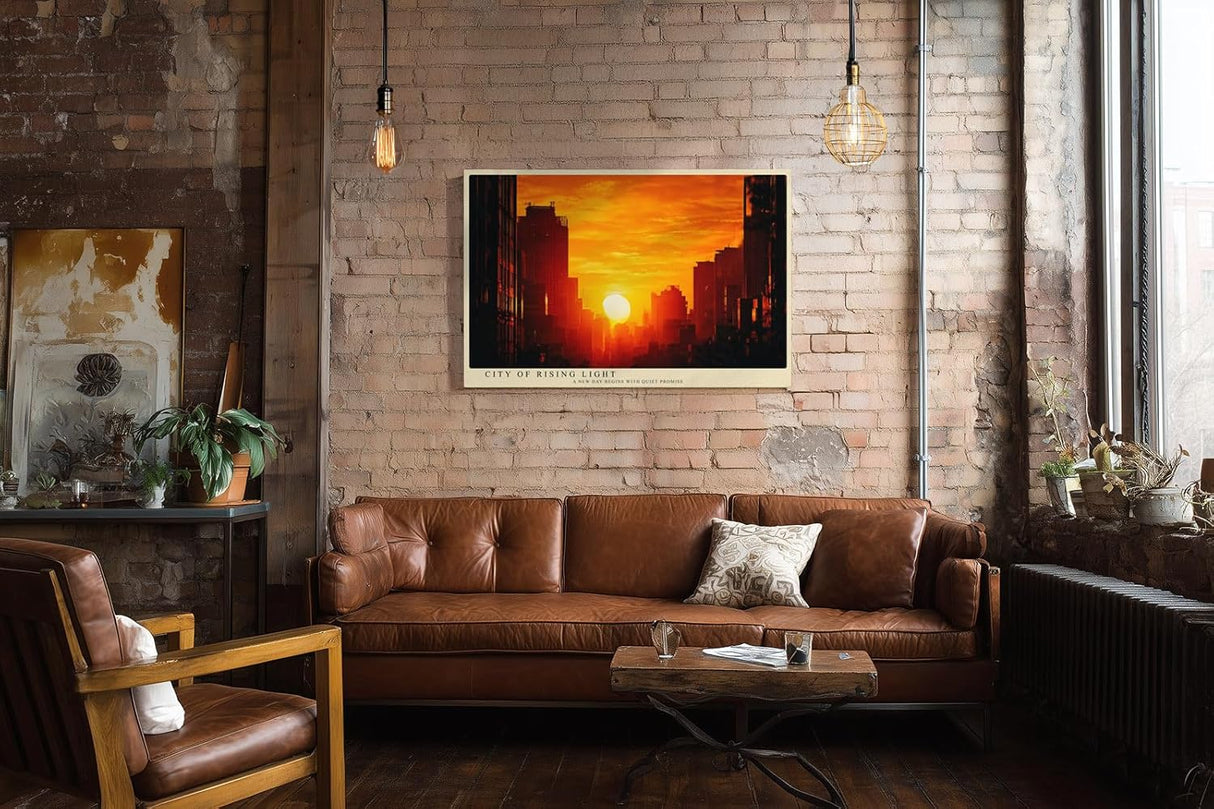 Paul Sinus Wandbild 120x80cm Stadt Sonnenaufgang Skyline orange Himmel moderne Stadtlandschaft Kunstbild stilvolle Wanddekoration fuer Wohnzimmer Büro