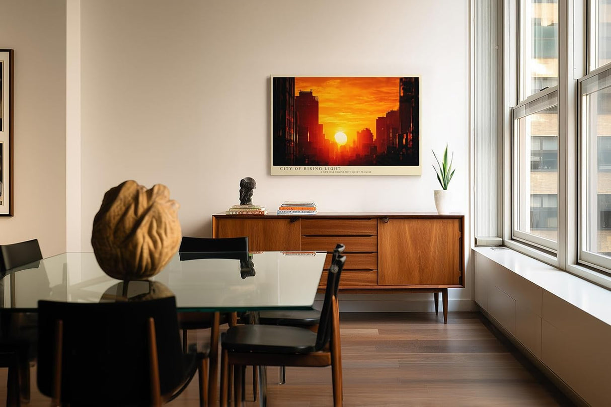 Paul Sinus Wandbild 120x80cm Stadt Sonnenaufgang Skyline orange Himmel moderne Stadtlandschaft Kunstbild stilvolle Wanddekoration fuer Wohnzimmer Büro
