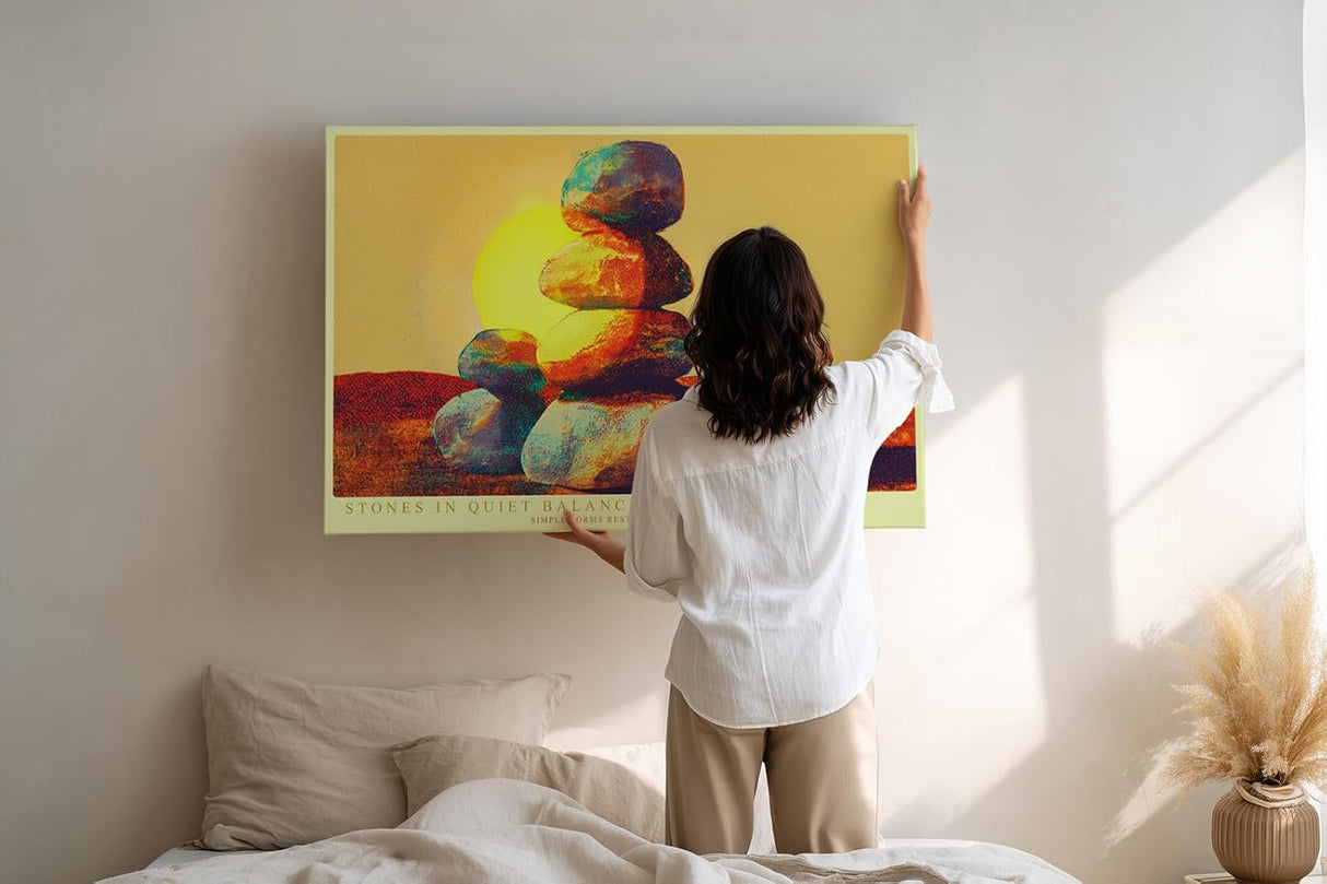 Paul Sinus Wandbild 120x80cm Steinturm Balance abstrakte Naturkunst orange blau modernes Landschaftsmotiv Kunstdruck grosses Wandbild 120x80cm ruhige Wanddekoration fuer Wohnzimmer Büro