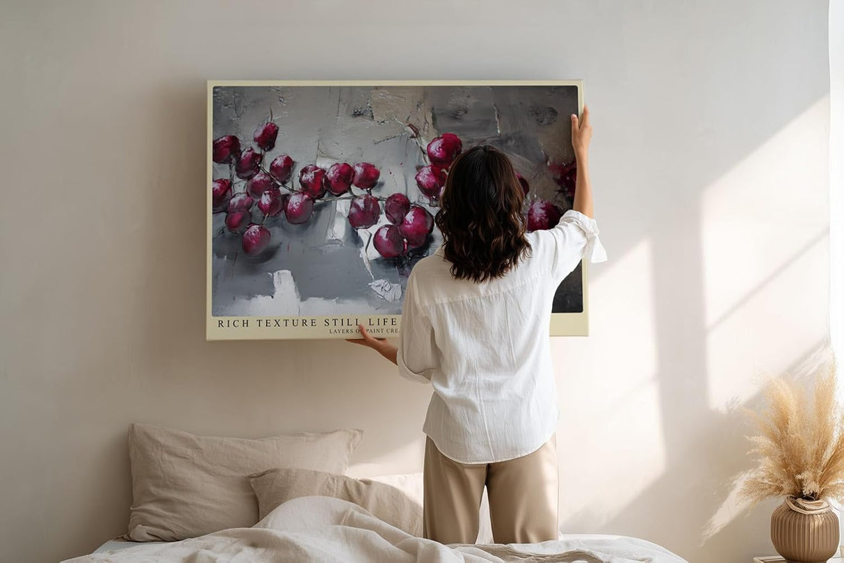 Paul Sinus Wandbild 120x80cm Stillleben rote Kirschen moderne Oelmalerei Stil grau rote Farbkontraste elegantes Kunstbild klassische Wanddekoration fuer Kueche Esszimmer Wohnzimmer