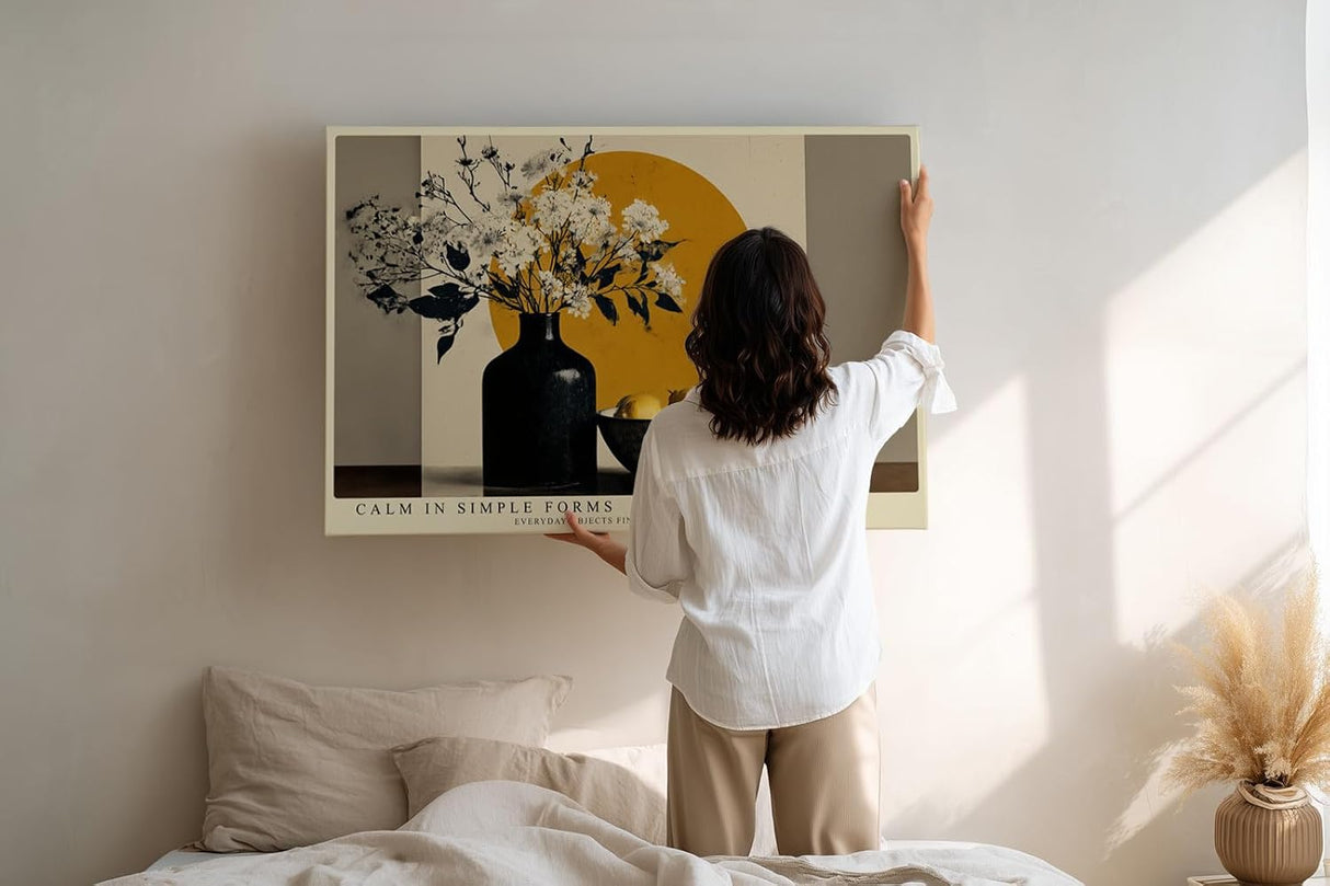 Paul Sinus Wandbild 120x80cm Stillleben Vase Blumen Zitronen modern beige gelb Kunstdruck grosses Kunstbild stilvolle Wanddekoration fuer Wohnzimmer Kueche Esszimmer Büro