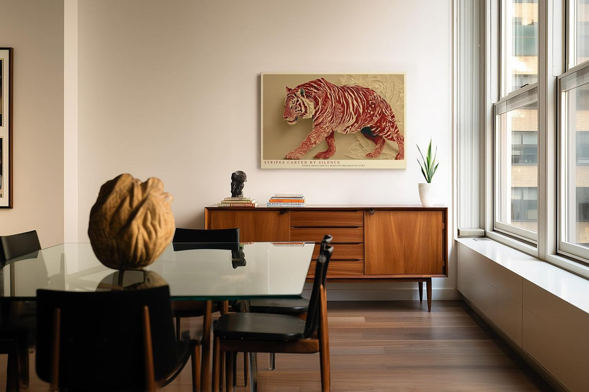 Paul Sinus Wandbild 120x80cm Stilvoller Tiger in Ornamentstruktur Moderne Tierkunst in Rot und Naturtoenen fuer ausdrucksstarke Wohnräume