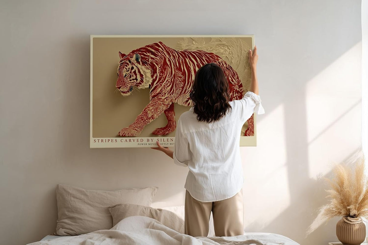 Paul Sinus Wandbild 120x80cm Stilvoller Tiger in Ornamentstruktur Moderne Tierkunst in Rot und Naturtoenen fuer ausdrucksstarke Wohnräume