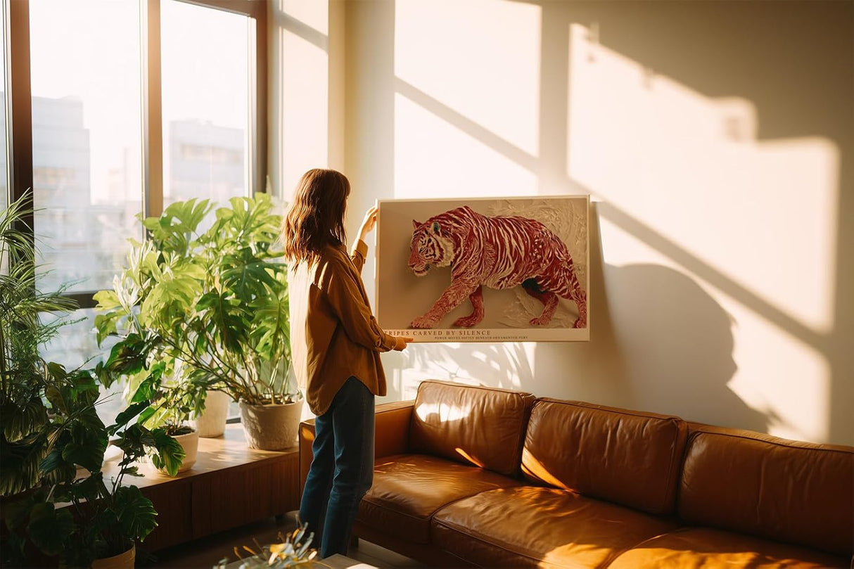 Paul Sinus Wandbild 120x80cm Stilvoller Tiger in Ornamentstruktur Moderne Tierkunst in Rot und Naturtoenen fuer ausdrucksstarke Wohnräume