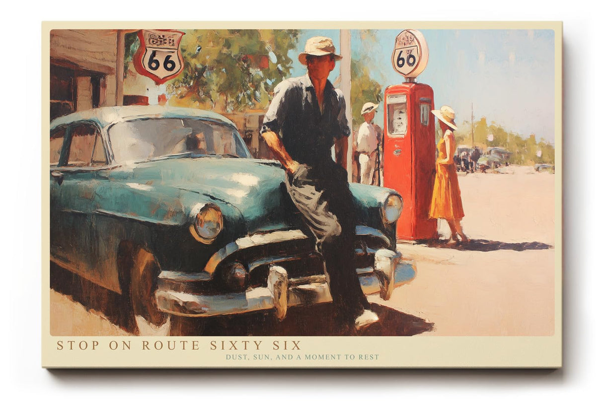 Paul Sinus Wandbild 120x80cm Stop on Route Sixty Six Vintage Roadtrip Szene mit Oldtimer und Tankstelle Retro Kunst fuer Wohnzimmer Büro und Bar