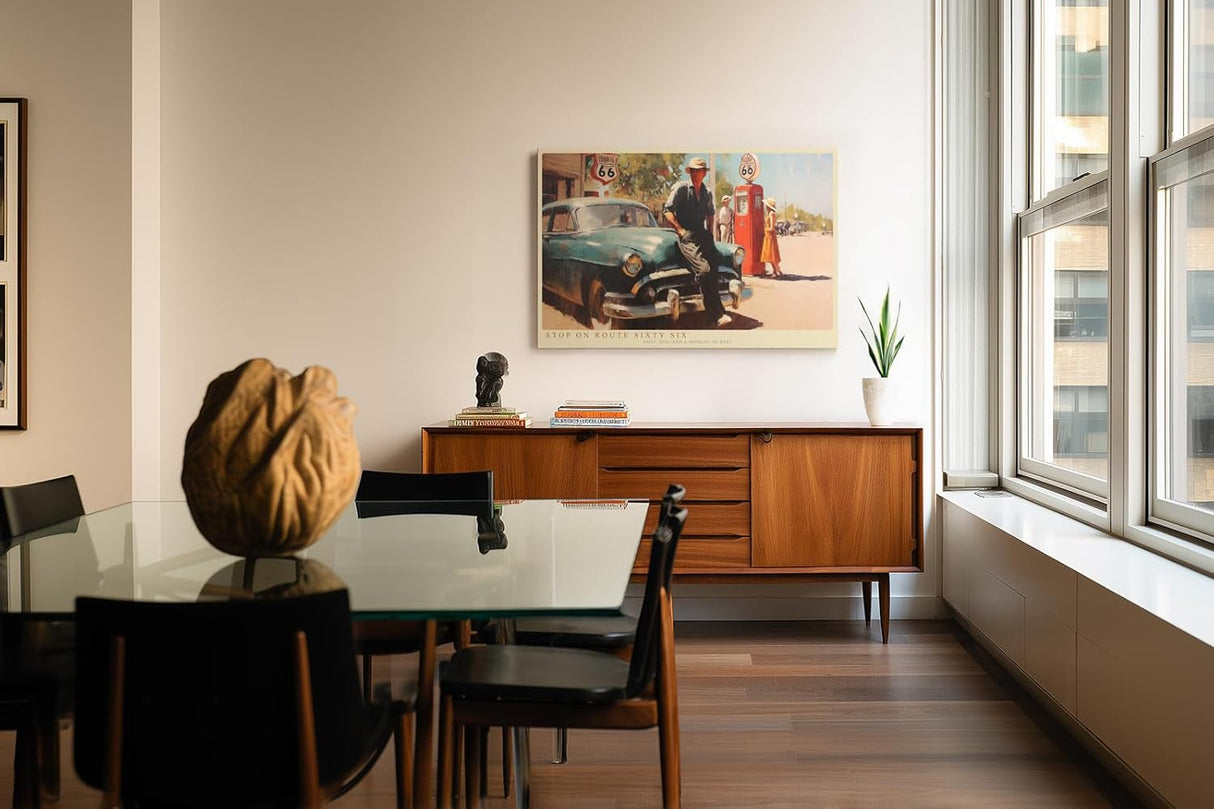 Paul Sinus Wandbild 120x80cm Stop on Route Sixty Six Vintage Roadtrip Szene mit Oldtimer und Tankstelle Retro Kunst fuer Wohnzimmer Büro und Bar