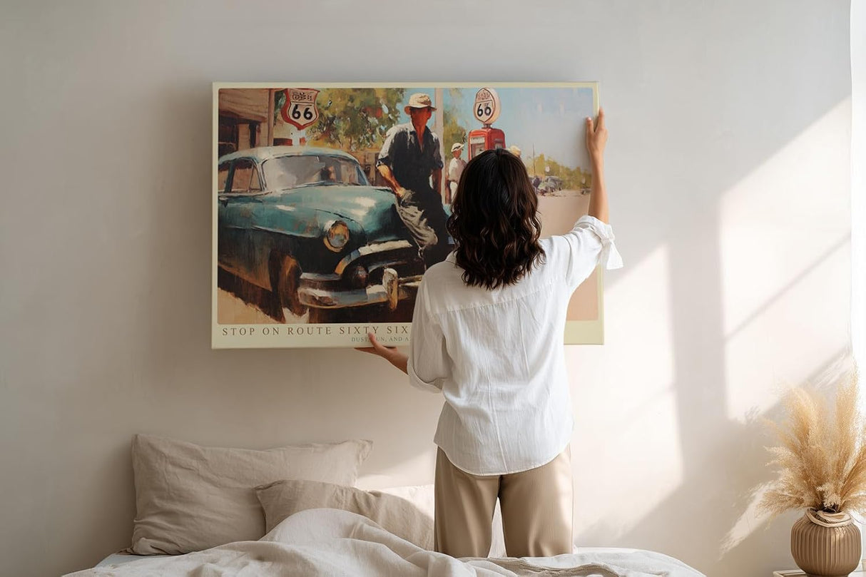 Paul Sinus Wandbild 120x80cm Stop on Route Sixty Six Vintage Roadtrip Szene mit Oldtimer und Tankstelle Retro Kunst fuer Wohnzimmer Büro und Bar
