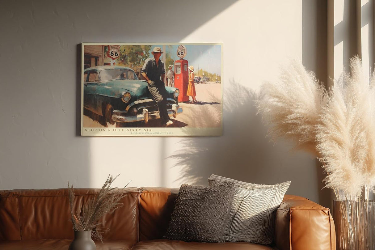 Paul Sinus Wandbild 120x80cm Stop on Route Sixty Six Vintage Roadtrip Szene mit Oldtimer und Tankstelle Retro Kunst fuer Wohnzimmer Büro und Bar