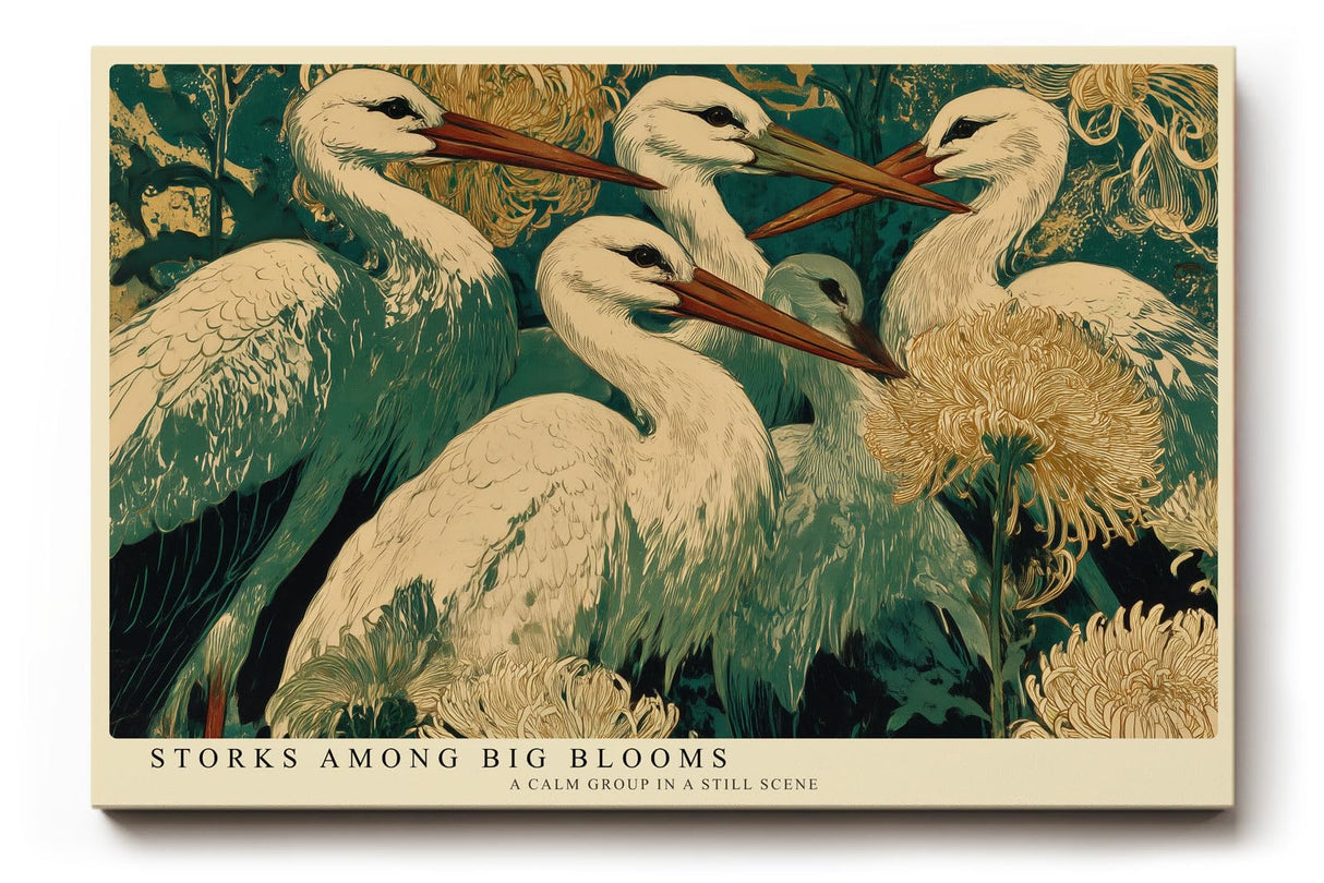 Paul Sinus Wandbild 120x80cm Störche zwischen grossen Blumen Botanische Vogelkunst Wanddekoration