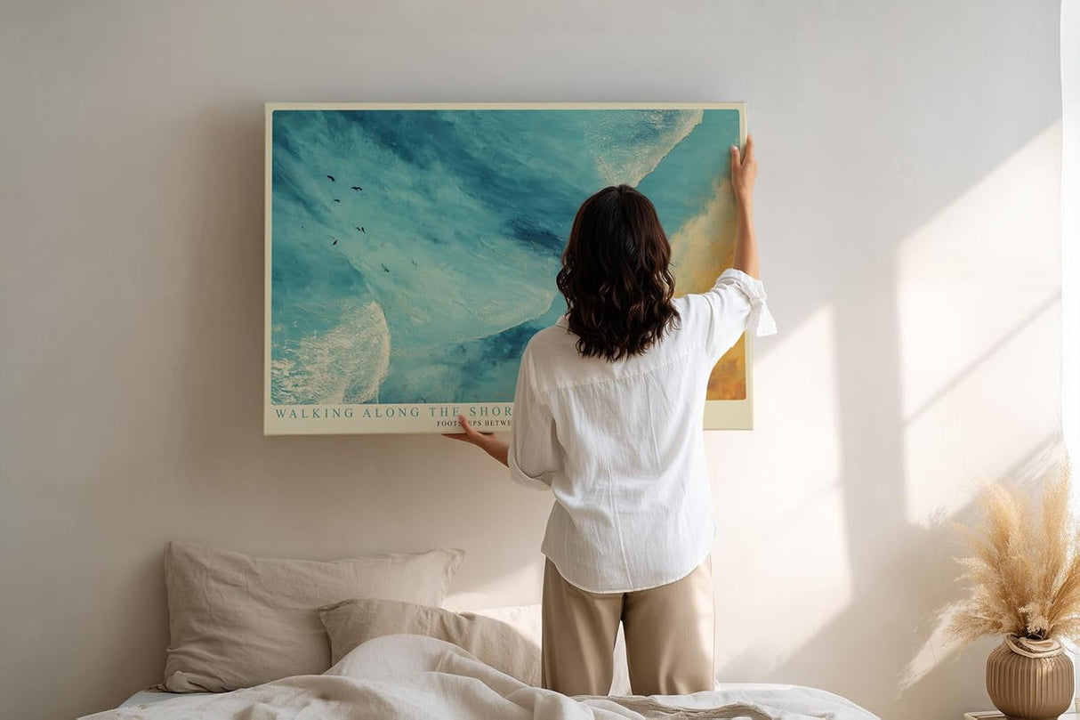 Paul Sinus Wandbild 120x80cm Strand Luftperspektive moderne Meereslandschaft blau beige Kunst grosses Landschaftsbild stilvolle Wanddekoration fuer Wohnzimmer Büro