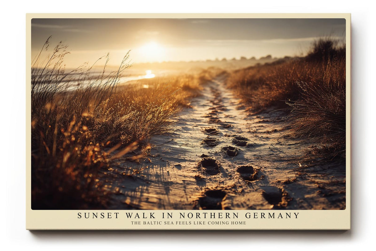 Paul Sinus Wandbild 120x80cm Strandweg bei Sonnenuntergang Ostsee Landschaft warmes Abendlicht Naturfotografie stilvolle Wanddekoration fuer Wohnzimmer Büro
