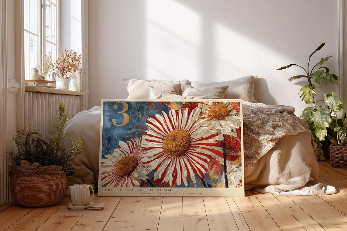 Paul Sinus Wandbild 120x80cm Striped Blooms of Summer moderne Blumen Kunst rote und weiße Blüten Poster für Wohnzimmer Schlafzimmer
