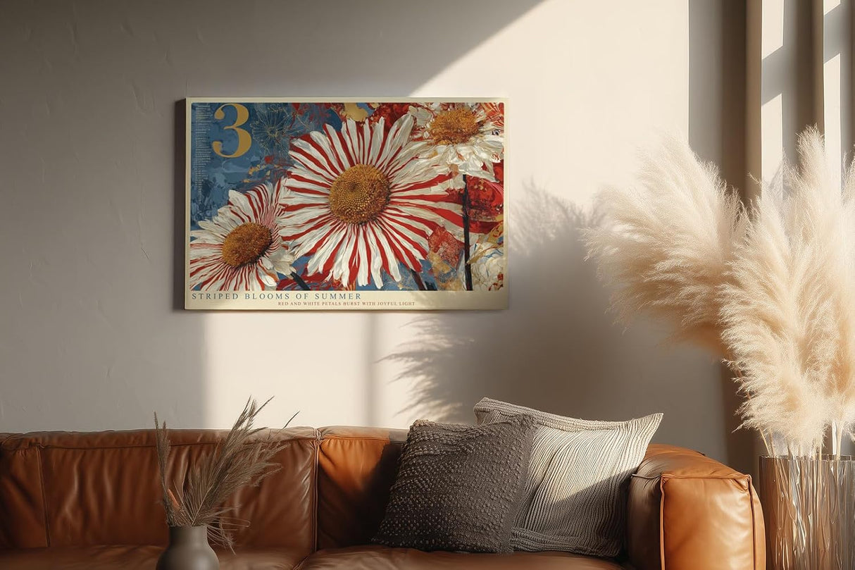 Paul Sinus Wandbild 120x80cm Striped Blooms of Summer moderne Blumen Kunst rote und weiße Blüten Poster für Wohnzimmer Schlafzimmer