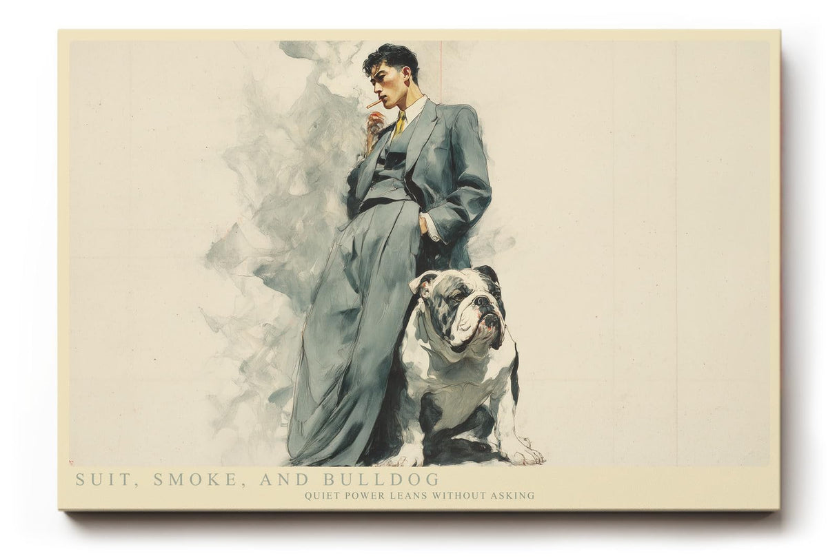 Paul Sinus Wandbild 120x80cm Suit Smoke and Bulldog Eleganter Mann mit Bulldogge Vintage Stil Kunst fuer Wohnzimmer Büro und Loft