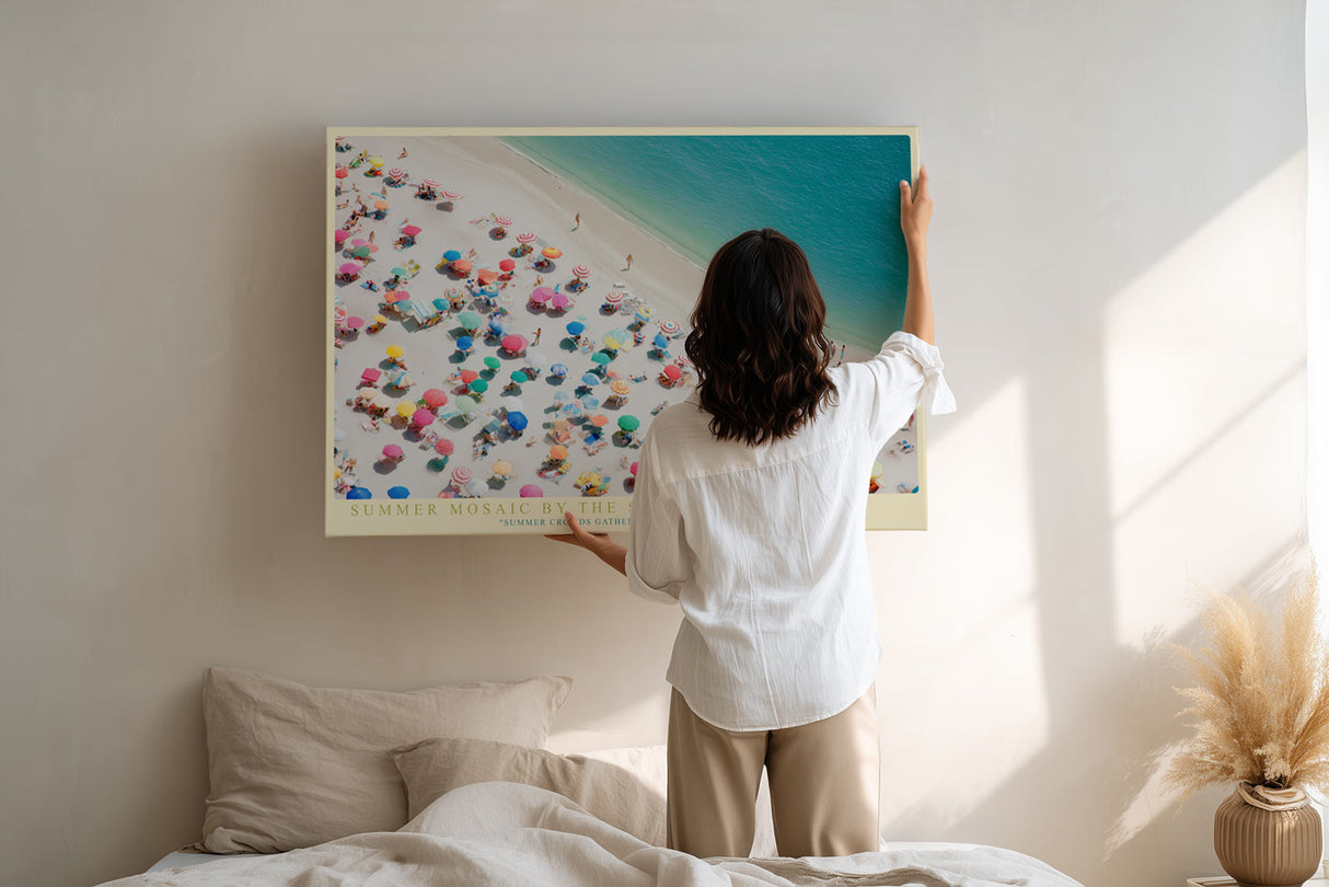 Paul Sinus Wandbild Summer Mosaic by the Sea farbenfrohes Strandmotiv mit Sonnenschirmen und Urlaubsstimmung