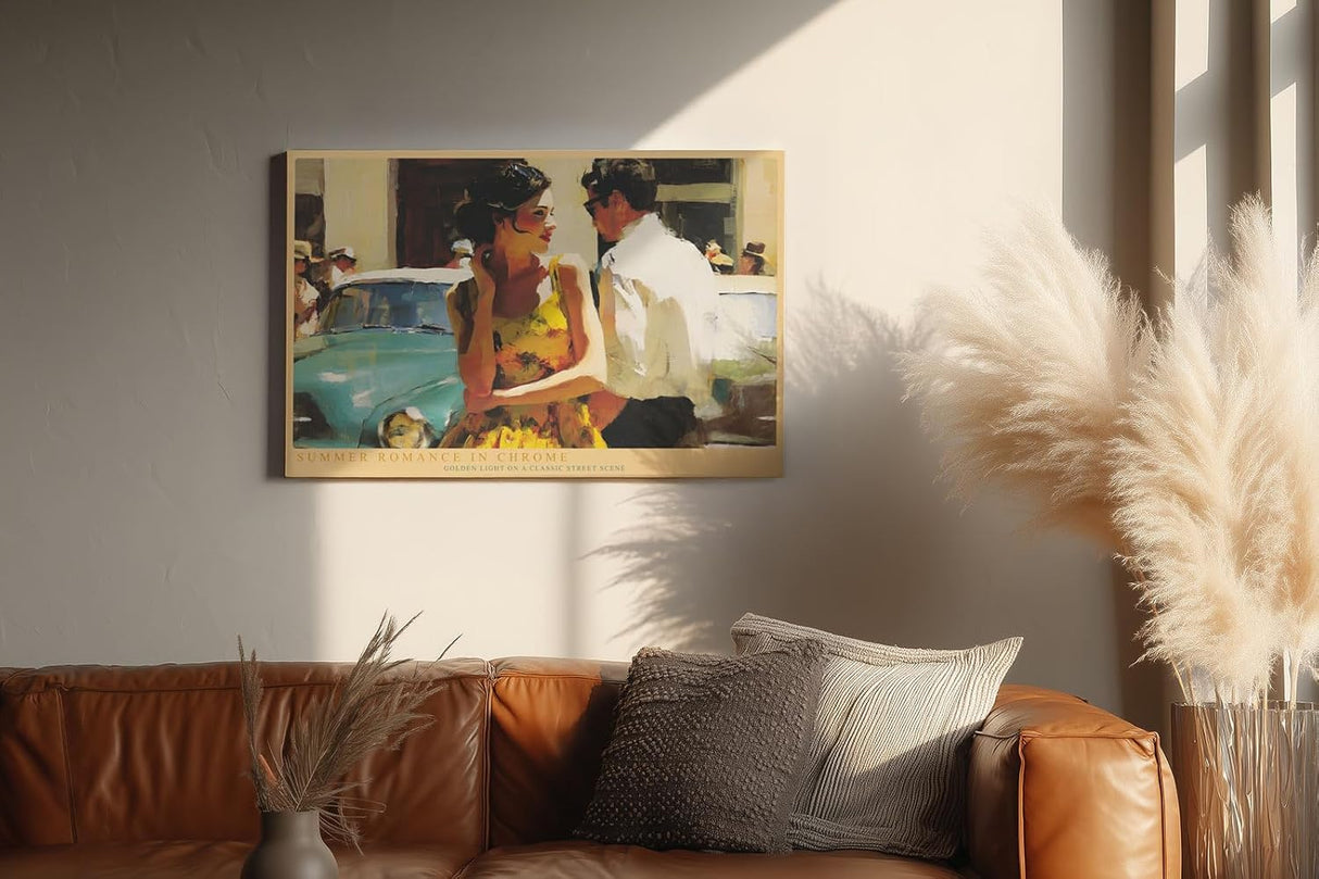 Paul Sinus Wandbild 120x80cm Summer Romance in Chrome Vintage Paar und Oldtimer Sommerliche Retro Szene Kunst fuer Wohnzimmer und Büro