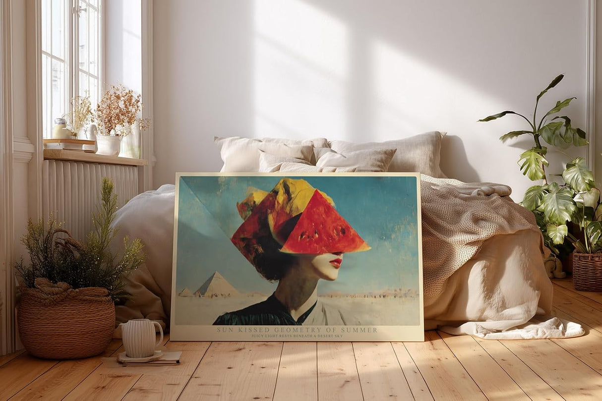 Paul Sinus Wandbild 120x80cm Sun Kissed Geometry of Summer surrealistisches Frauenportrait mit Wassermelone modernes Poster für Wohnzimmer Büro