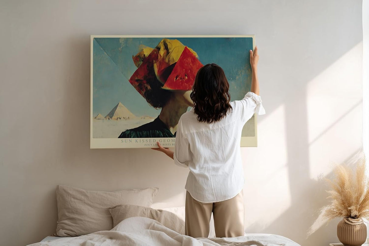 Paul Sinus Wandbild 120x80cm Sun Kissed Geometry of Summer surrealistisches Frauenportrait mit Wassermelone modernes Poster für Wohnzimmer Büro
