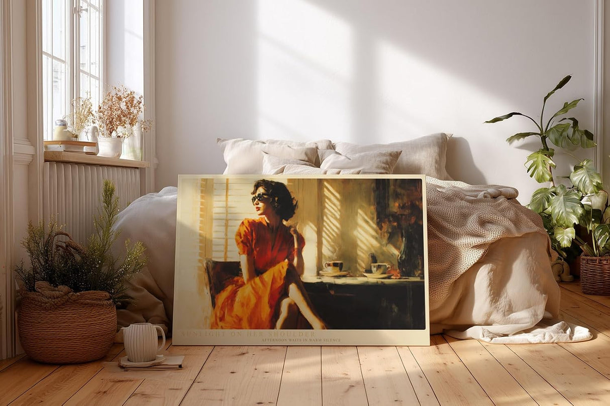 Paul Sinus Wandbild 120x80cm Sunlight on Her Shoulder Elegante Frau im Sonnenlicht Vintage Kaffee Szene Kunst fuer Wohnzimmer Schlafzimmer und Büro