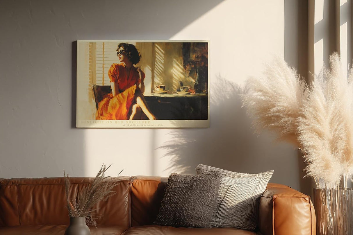 Paul Sinus Wandbild 120x80cm Sunlight on Her Shoulder Elegante Frau im Sonnenlicht Vintage Kaffee Szene Kunst fuer Wohnzimmer Schlafzimmer und Büro