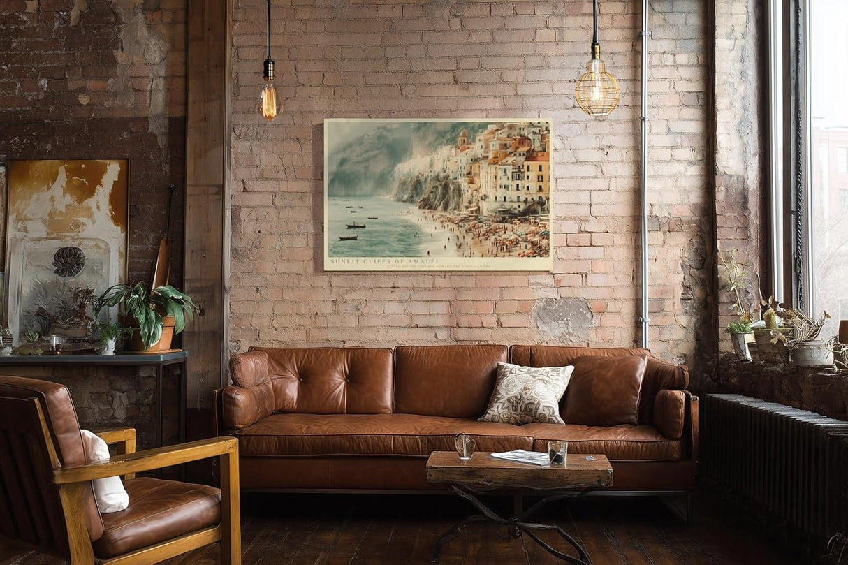 Paul Sinus Wandbild 120x80cm Sunlit Cliffs of Amalfi mediterrane Küstenstadt Landschaft Amalfi Küste Poster für Wohnzimmer Schlafzimmer Büro