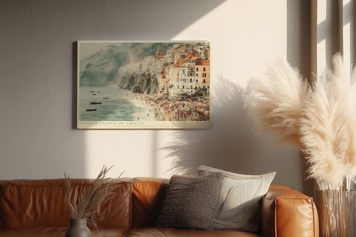 Paul Sinus Wandbild 120x80cm Sunlit Cliffs of Amalfi mediterrane Küstenstadt Landschaft Amalfi Küste Poster für Wohnzimmer Schlafzimmer Büro