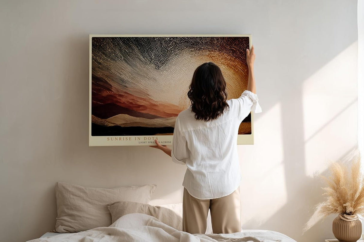 Paul Sinus Wandbild 120x80cm Sunrise in Dots Abstrakte Sonnenaufgang Landschaft Punktkunst Modernes Kunstbild fuer Wohnzimmer Schlafzimmer und Büro