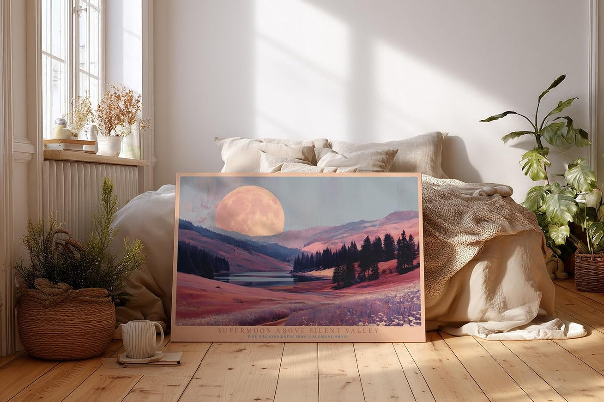 Paul Sinus Wandbild 120x80cm Supermond Landschaft Tal See Natur Kunstmotiv Ruhige Bergszene mit grossem Mond